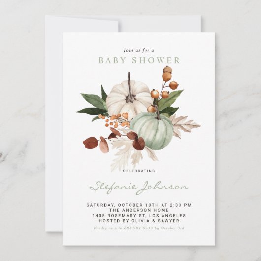 水の色セージ緑のカボチャ秋ベビーシャワー 招待状 (正面)