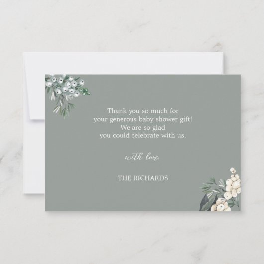 水の色セージ緑の森の松の赤ちゃんシャワー サンキューカード (裏面)