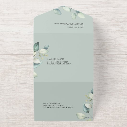 水の色セージ緑ユーカリ離れス結婚ズ オールインワン招待状 (外側)