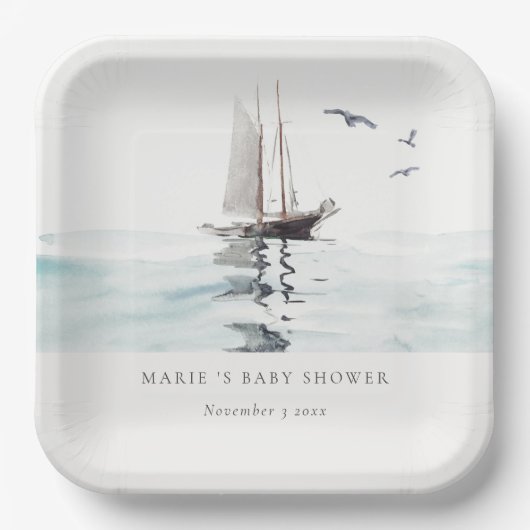 水の色セーリング航海のヨットベビーシャワー ペーパープレート (正面)