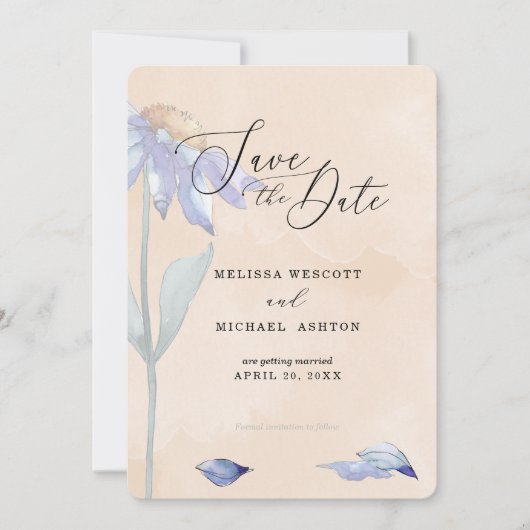 水の色ソフトピーチとパープルデイジー結婚ズ セーブザデート (正面)