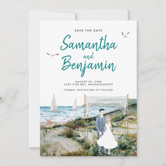 水の色タイムラインウェディング日付を保存アナウンス 案内状 (正面)