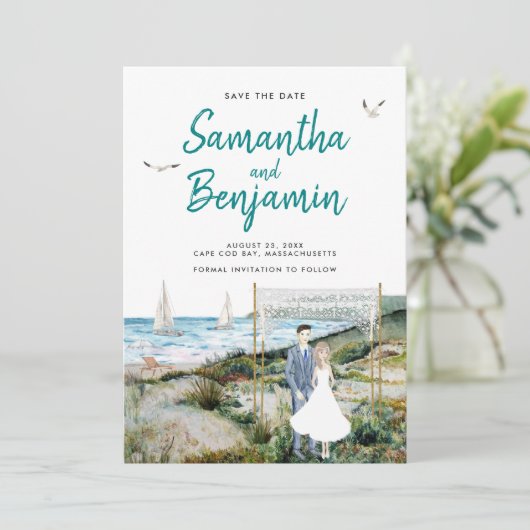 水の色タイムラインウェディング日付を保存アナウンス 案内状 (スタンド正面)