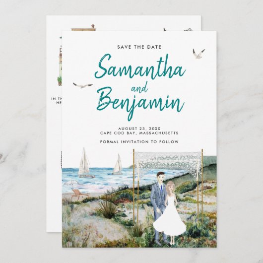 水の色タイムラインウェディング日付を保存アナウンス 案内状 (正面/裏面)