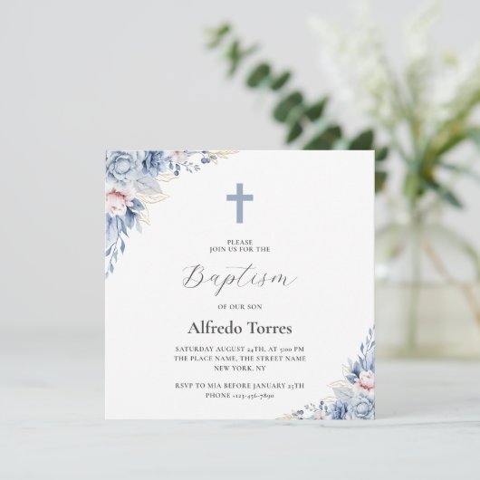 水の色ダスティーエレガントブルーフローラベビーバプテスマ 招待状 (スタンド正面)
