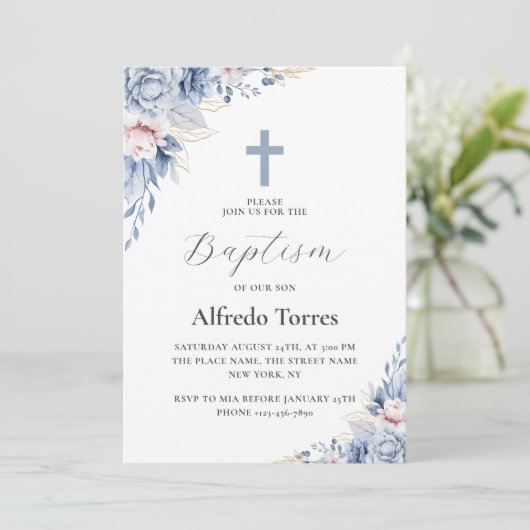 水の色ダスティーエレガントブルーフローラベビーバプテスマ 招待状 (スタンド正面)