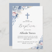 水の色ダスティーエレガントブルーフローラベビーバプテスマ 招待状 (正面/裏面)