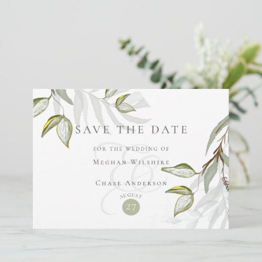 水の色ダスティ素朴セージの葉の日付を保存 招待状 (スタンド正面)