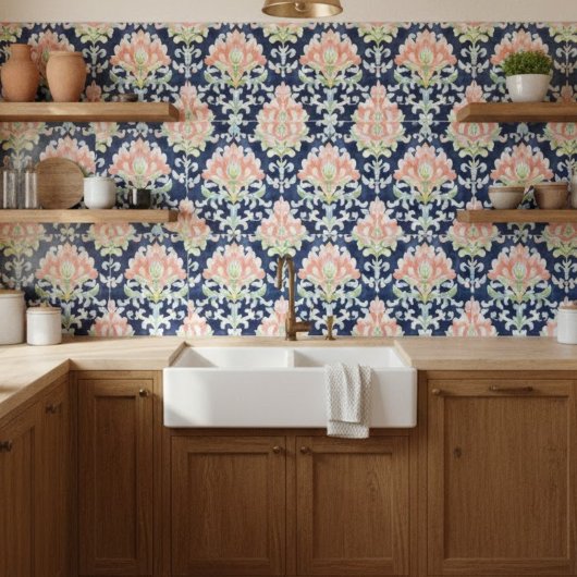 水の色ダマスクネイビーコーラルグリーン装飾 タイル