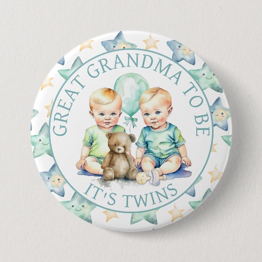 水の色ツインボーイズ赤ちゃんシャワーおばあちゃんになる 缶バッジ (正面)