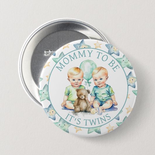 水の色ツインボーイズ赤ちゃんシャワー母になる 缶バッジ (正面&裏面)