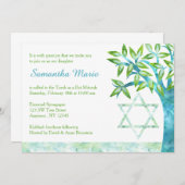 水の色ツリーオブライフティール(緑がかった色)グリーンバルミツワー 招待状 (正面/裏面)