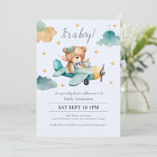 水の色テディベアその男の子の赤ちゃんシャワー 招待状 (スタンド正面)