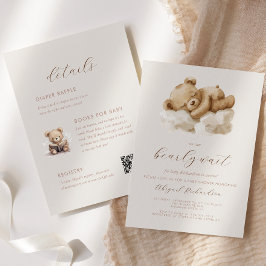 水の色テディベアオールインワンベージュベビーシャワー 招待状