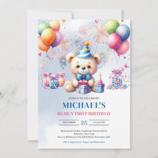 水の色テディベアキャンディーベアBear-y最初の誕生日 招待状 (正面)