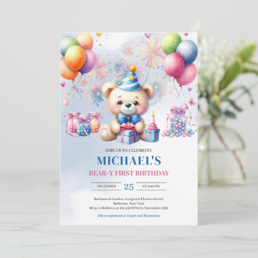 水の色テディベアキャンディーベアBear-y最初の誕生日 招待状 (スタンド正面)