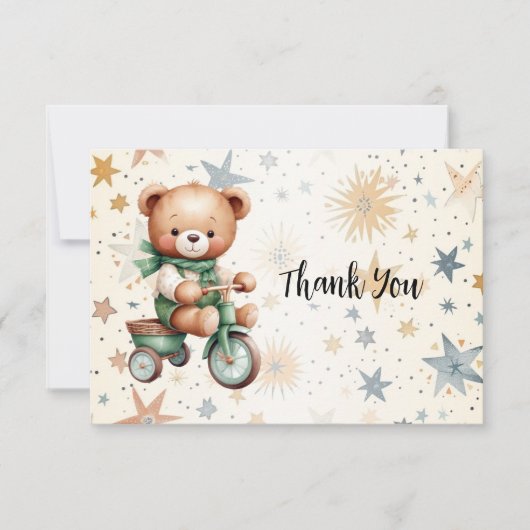 水の色テディベアスターグリーンバイクパーティー サンキューカード (正面)
