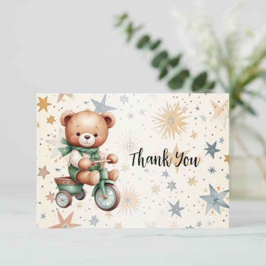 水の色テディベアスターグリーンバイクパーティー サンキューカード (スタンド正面)