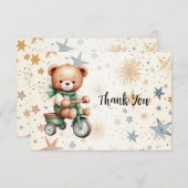 水の色テディベアスターグリーンバイクパーティー サンキューカード (正面/裏面)