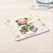 水の色テディベアスターグリーンバイクパーティー スクエアペーパーコースター (アングル)