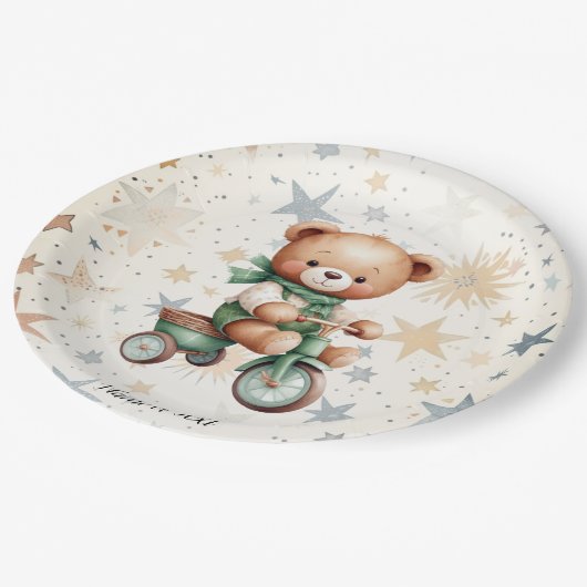 水の色テディベアスターグリーンバイクパーティー ペーパープレート (アングル)
