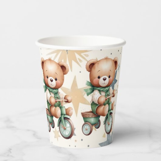 水の色テディベアスターグリーンバイクパーティー 紙コップ (裏面)