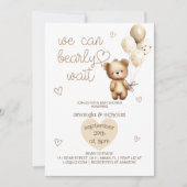 水の色テディベアバルーンアイボリーベビーシャワー 招待状 (正面)