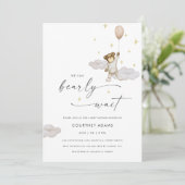 水の色テディベアバルーンニュートラル赤ちゃんシャワー 招待状 (スタンド正面)