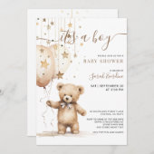 水の色テディベアバルーン男の子ベイビーシャワー 招待状 (正面/裏面)