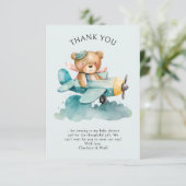 水の色テディベアパイロットベビーシャワー サンキューカード (スタンド正面)