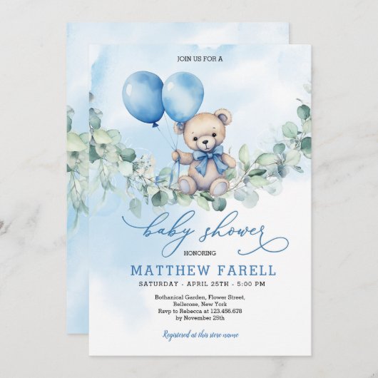 水の色テディベアブルー&バルーンベビーシャワー 招待状 (正面/裏面)