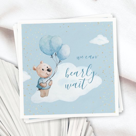 水の色テディベアベビーシャワー金ゴールド&ブルー スタンダードカクテルナプキン