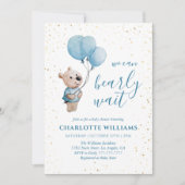 水の色テディベアベビーシャワー金ゴールド&ブルー 招待状 (正面)