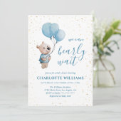 水の色テディベアベビーシャワー金ゴールド&ブルー 招待状 (スタンド正面)