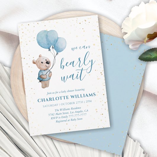 水の色テディベアベビーシャワー金ゴールド&ブルー 招待状
