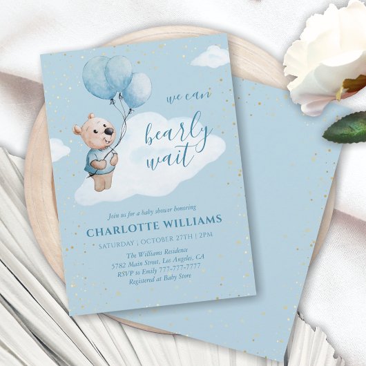 水の色テディベアベビーシャワー金ゴールド&ブルー 招待状