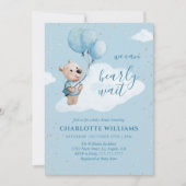 水の色テディベアベビーシャワー金ゴールド&ブルー 招待状 (正面)