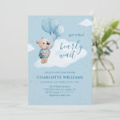 水の色テディベアベビーシャワー金ゴールド&ブルー 招待状 (スタンド正面)