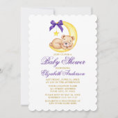 水の色テディベアムーンパープルベビーシャワー 招待状 (正面)