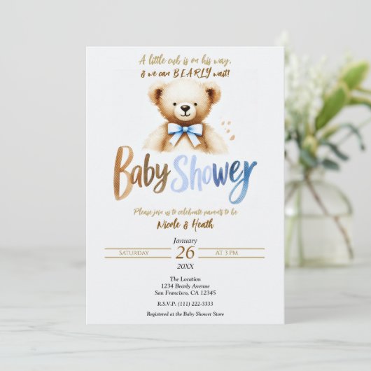 水の色テディベアービーバーブルーベビーシャワー 招待状 (スタンド正面)