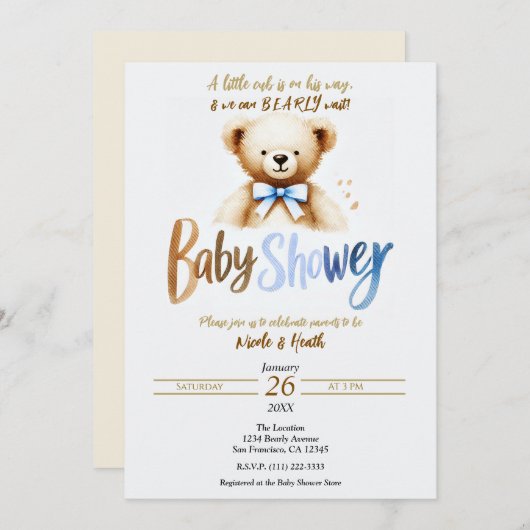 水の色テディベアービーバーブルーベビーシャワー 招待状 (正面/裏面)