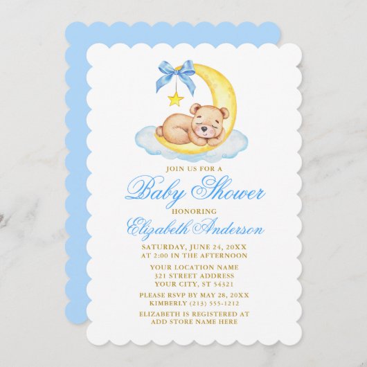 水の色テディベアームーンベビーシャワー金ゴールド 招待状 (正面/裏面)