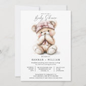 水の色テディベア女の子ピンクハットベビーシャワー 招待状 (正面)