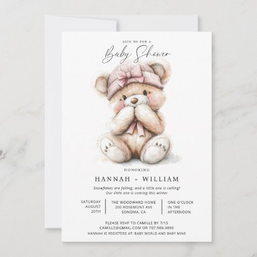 水の色テディベア女の子ピンクハットベビーシャワー 招待状 (正面)