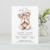 水の色テディベア女の子ピンクハットベビーシャワー 招待状 (スタンド正面)