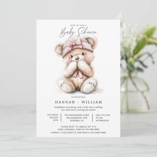 水の色テディベア女の子ピンクハットベビーシャワー 招待状 (スタンド正面)