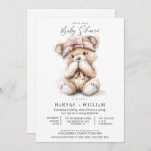 水の色テディベア女の子ピンクハットベビーシャワー 招待状 (正面/裏面)