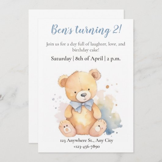 水の色テディベア子供の誕生日の招待 招待状 (正面/裏面)