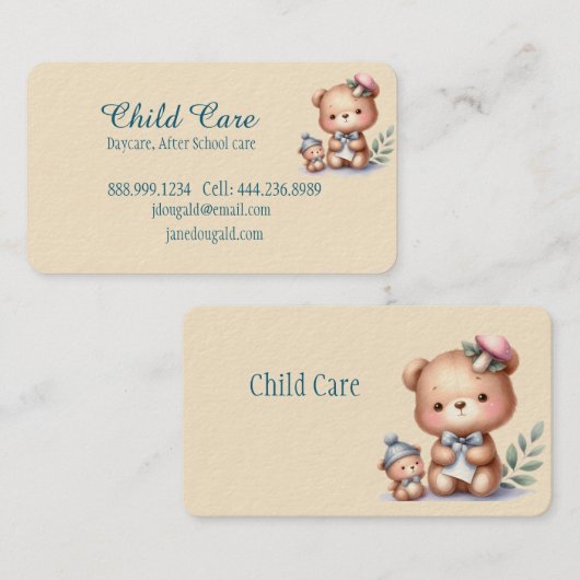 水の色テディベア子供ミンディングベビーシッター 名刺 (正面/裏面)