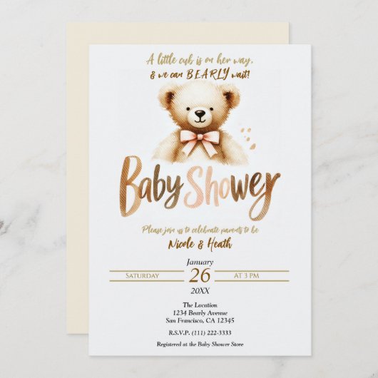 水の色テディベア心待ち赤ちゃんシャワー 招待状 (正面/裏面)